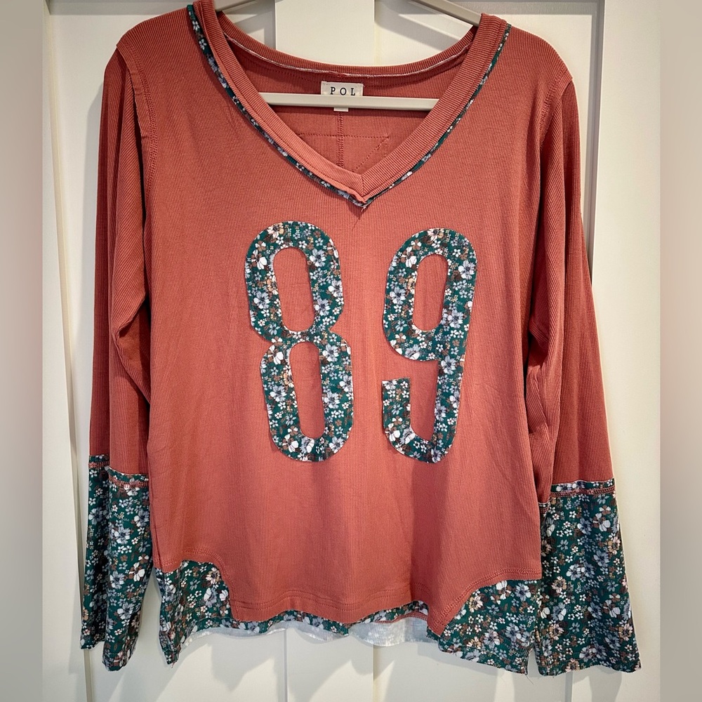 NWOT POL Dusky Ginger Number Patch Top